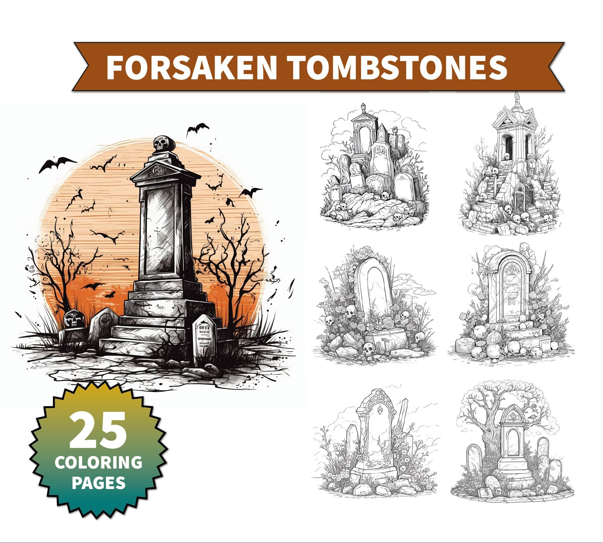 Halloween tombstones coloring pages for adults instant download halloween decor spooky prints graveyard print halloween printable