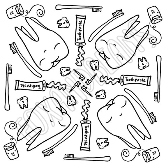 Sweet tooth printable coloring page dentist toothbrush digital file teeth cute kawaii adult coloring all ages
