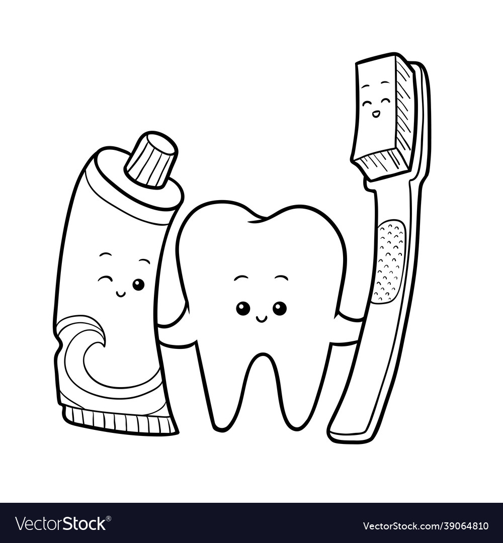 Coloring book tooth and toothbrush toothpaste vector image