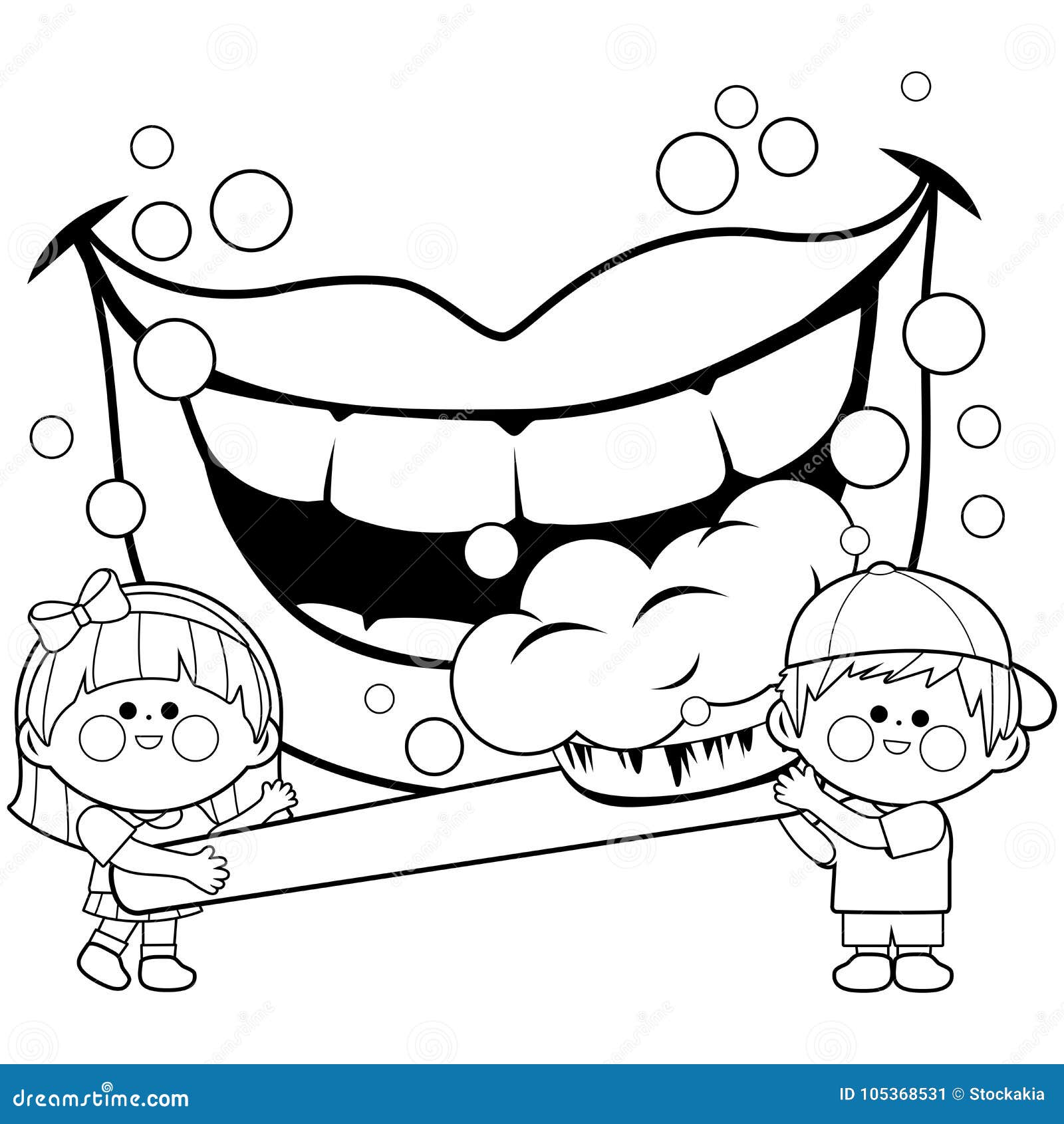 Children holding a toothbrush and brushing teeth vector black and white coloring page stock vector