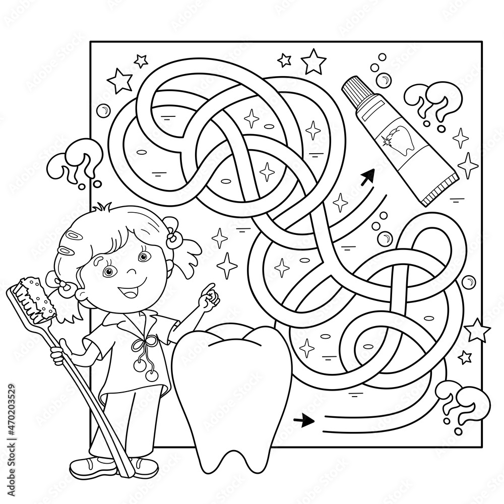Maze or labyrinth game puzzle tangled road coloring page outline of cartoon girl with toothbrush and toothpaste coloring book for kids vector