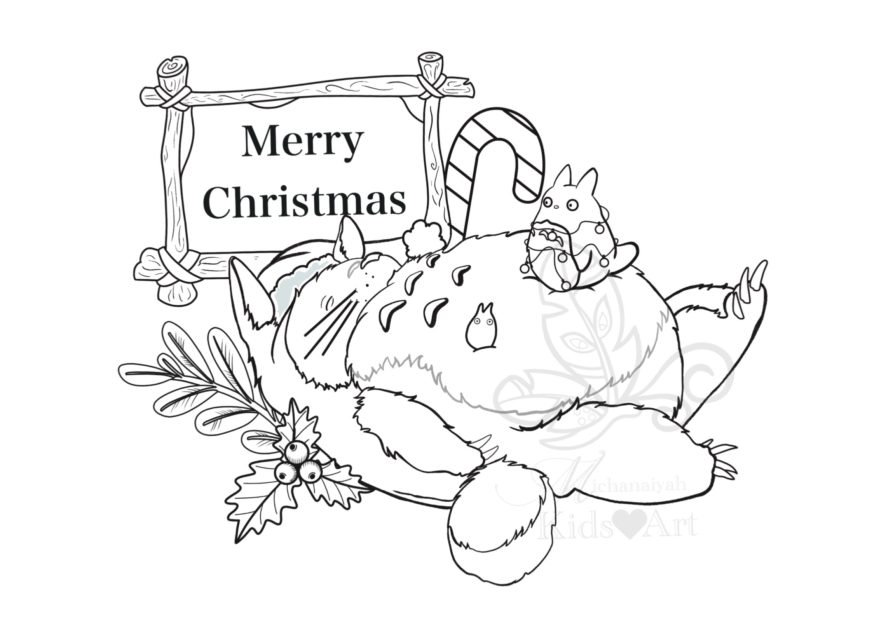 My friendly neighbour totoro christmas colouring page and greeting card digital print cute and adorable colouring page for kids and adult