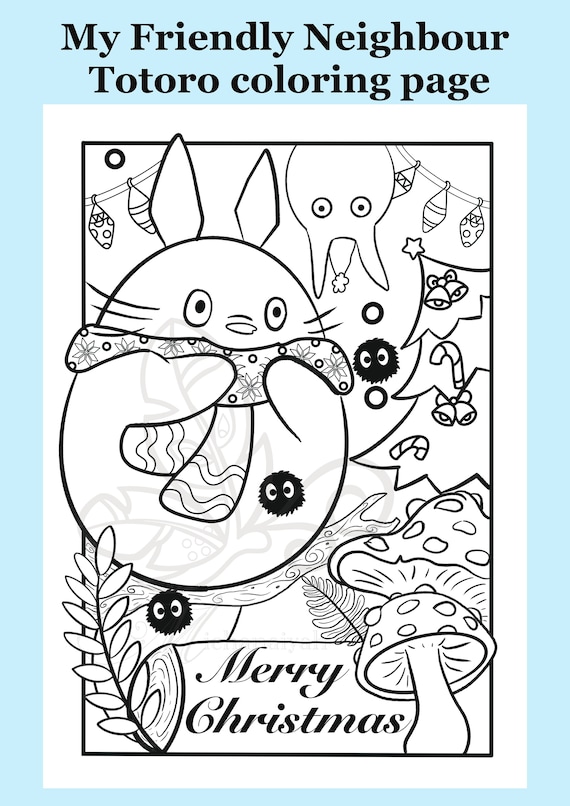 Christmas coloring page greeting card instant download totoro christmas kids activity studio ghibli holiday party games activity instant download
