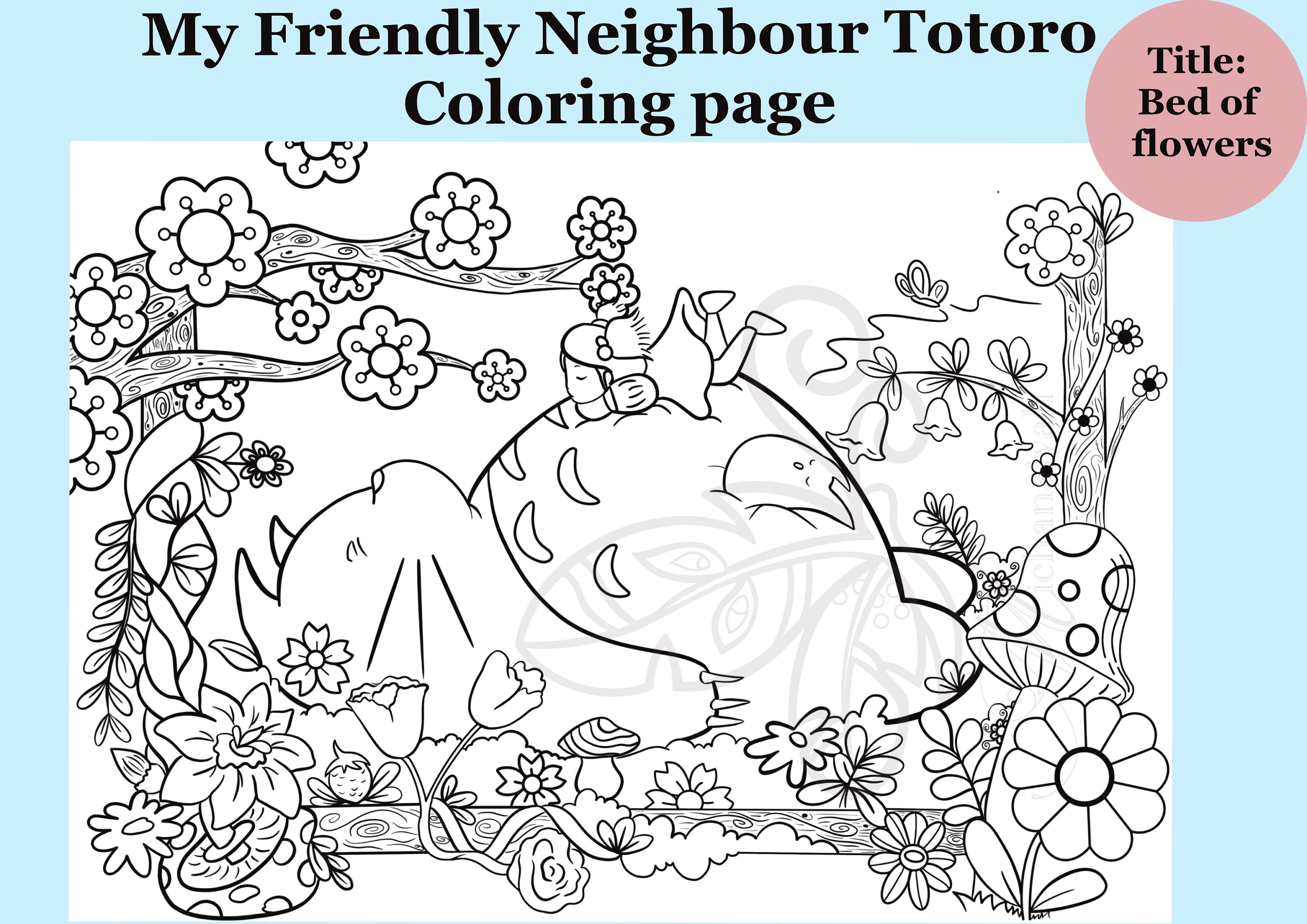 Studio ghibli coloring page totoro instant downloaddigital drawing appsfloral themeactivity for kids and adultjpeg pngprocreate