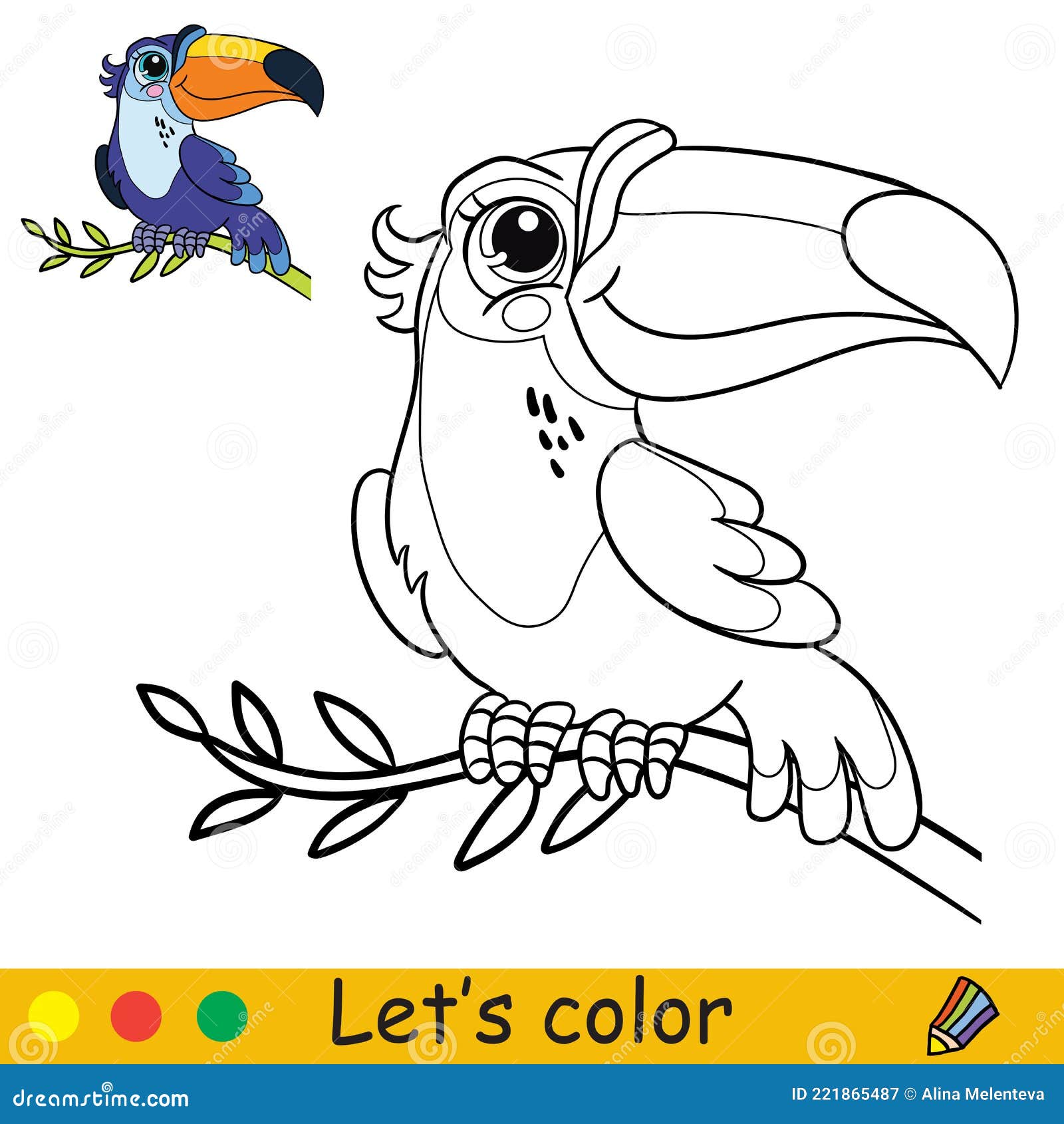 Cartoon cute toucan sitting on a liana coloring stock vector