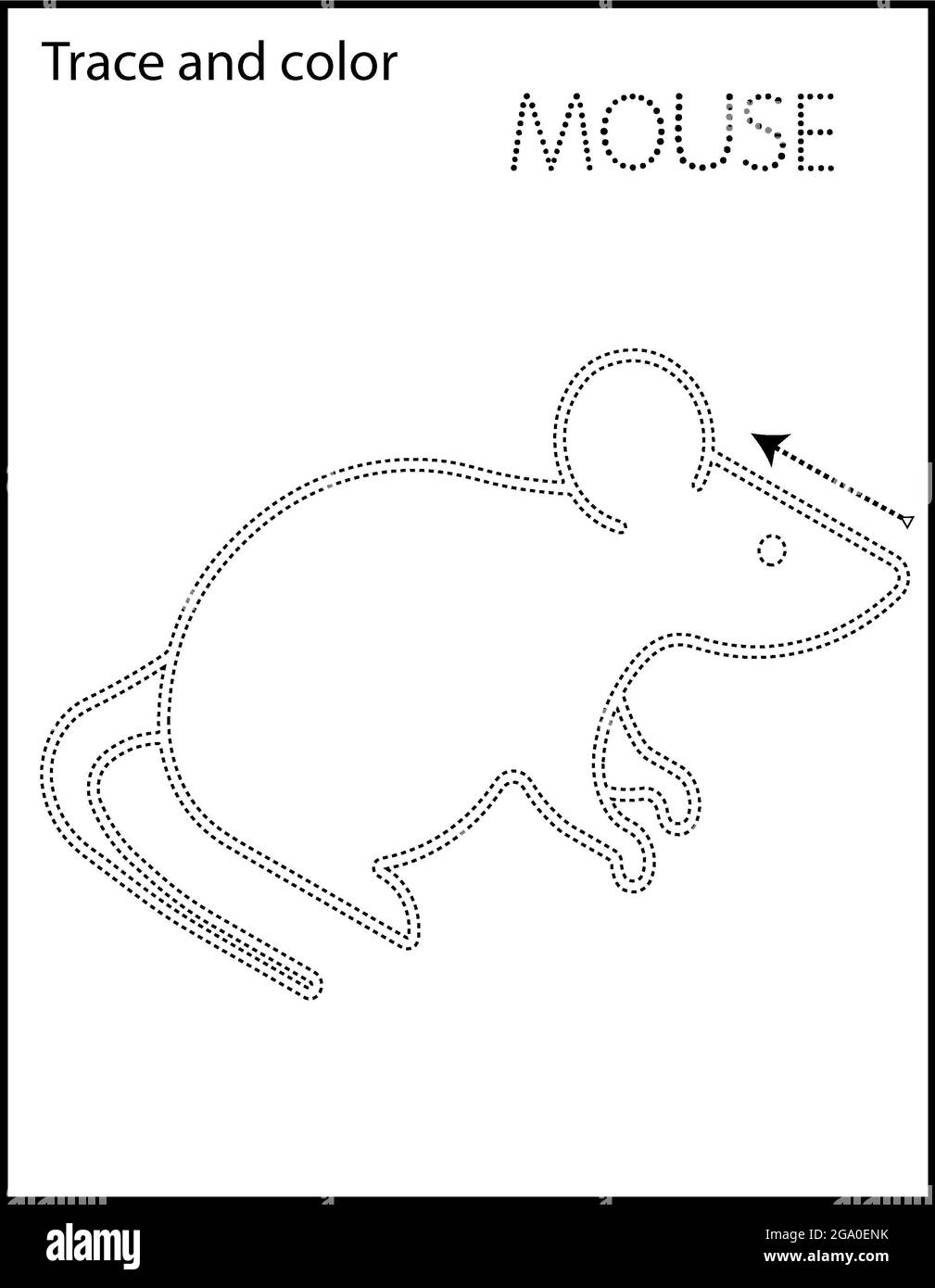 Printable coloring page for kindergarten and preschool tracing animal and names stock photo