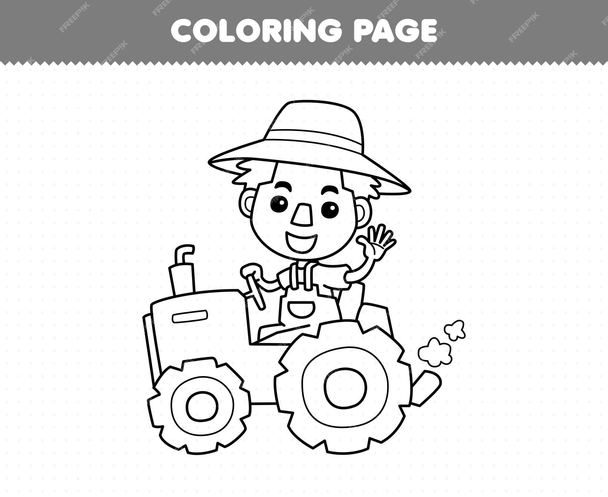 Premium vector education game for children coloring page of cute cartoon farmer driving tractor line art printable farm worksheet