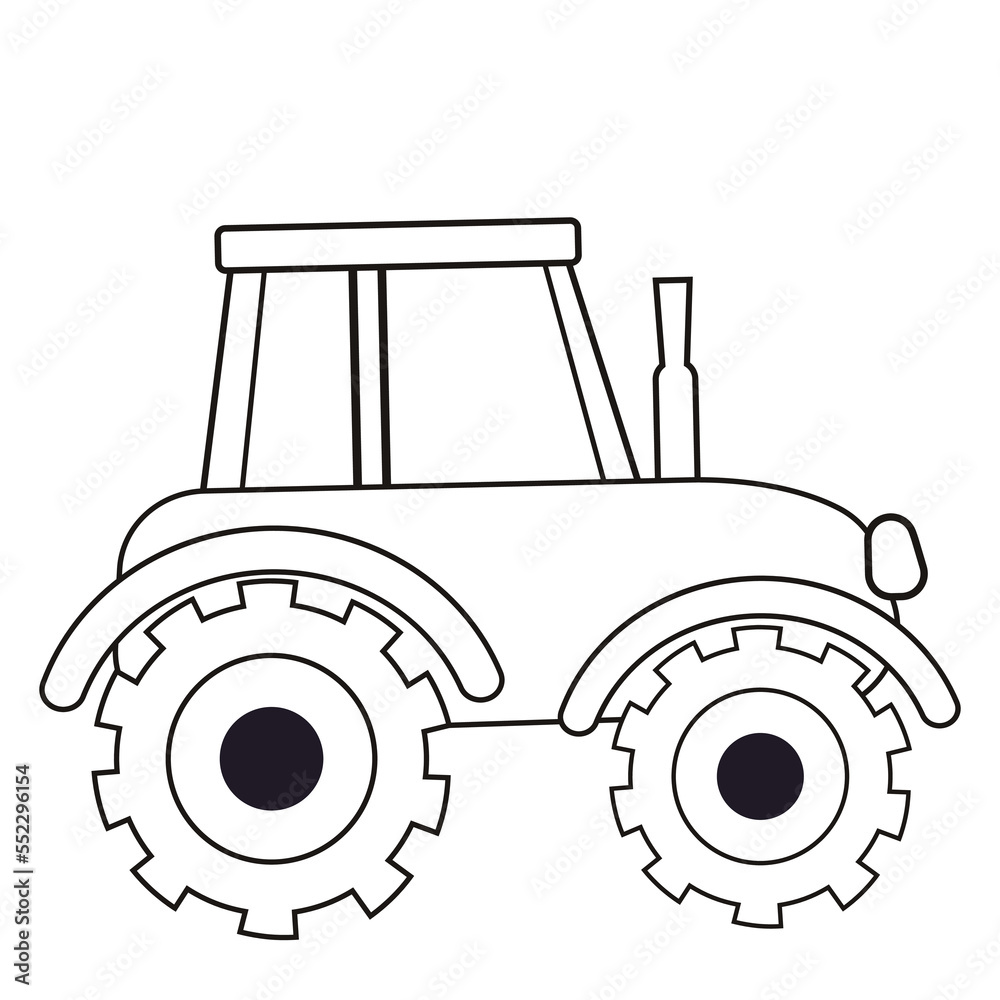 Tractor with wheels farm transport outline in cartoon style coloring page for kids isolated on white background printable vector