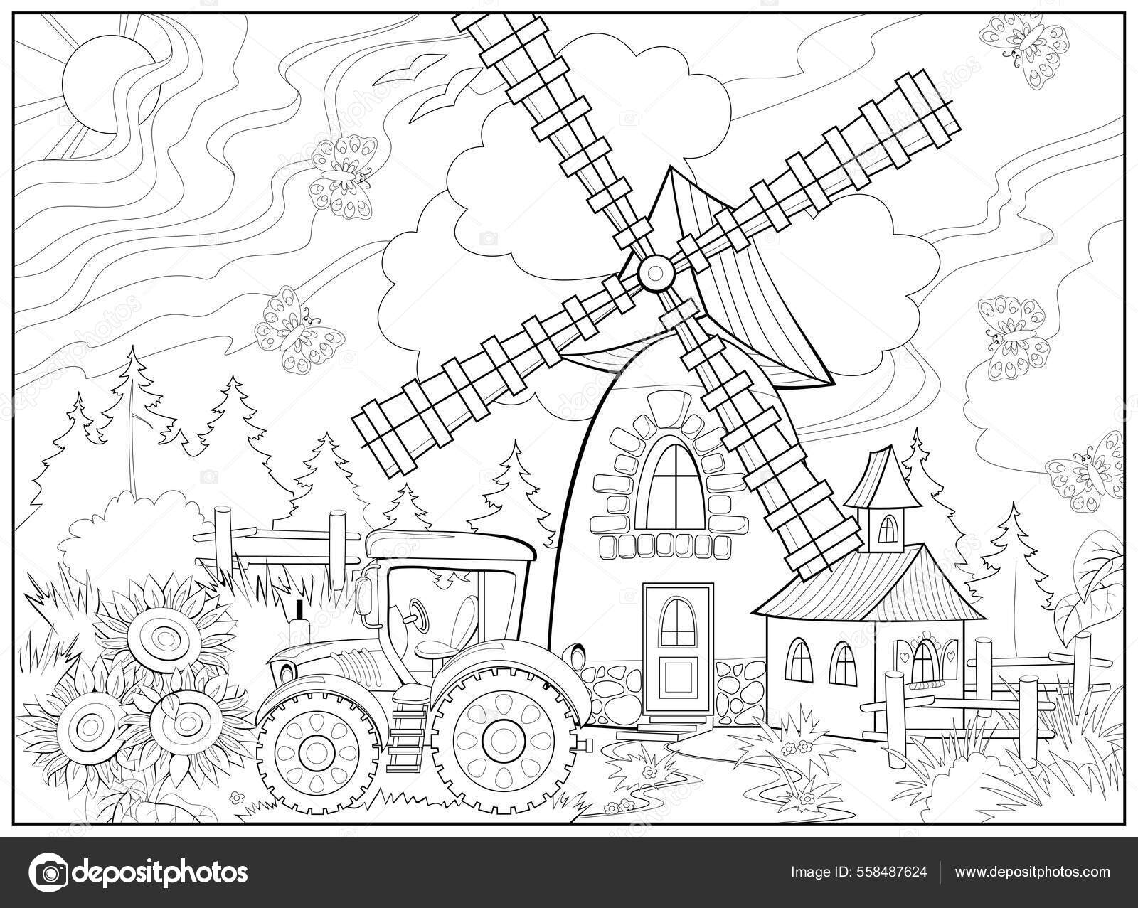 Rural landscape windmill tractor coloring book children adults image zentangle stock vector by nataljacernecka