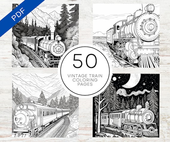 Kdp interior vintage train coloring pages x printable pdf canva template oldschool trains coloring book