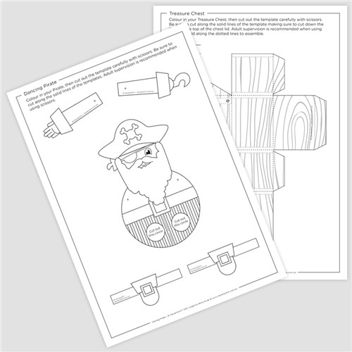 Dancing pirate with treasure chest paper card