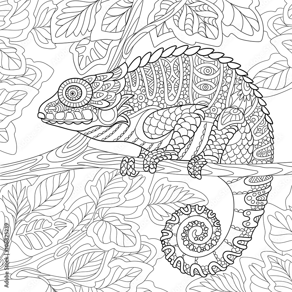 Zentangle stylized cartoon chameleon sitting on a tree branch hand drawn sketch for adult antistress coloring page t