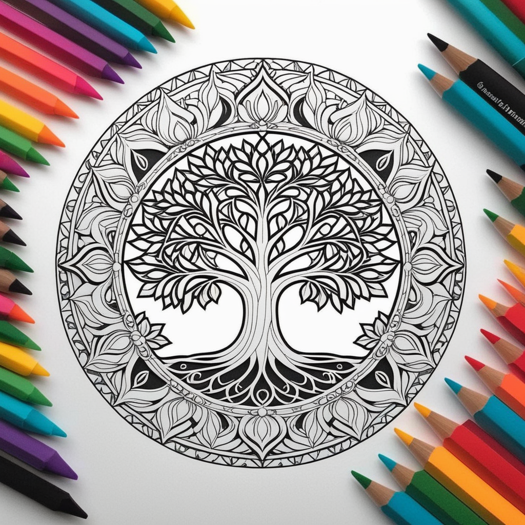 Black and white coloring page for adults mandala tree of life