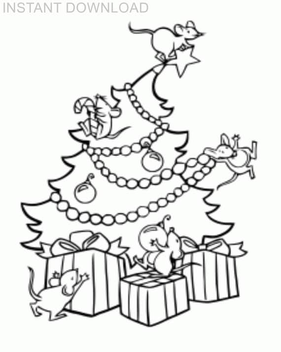 Printable x christmas tree decorated by mice coloring pageinstant downloaddigital fileplus bonus