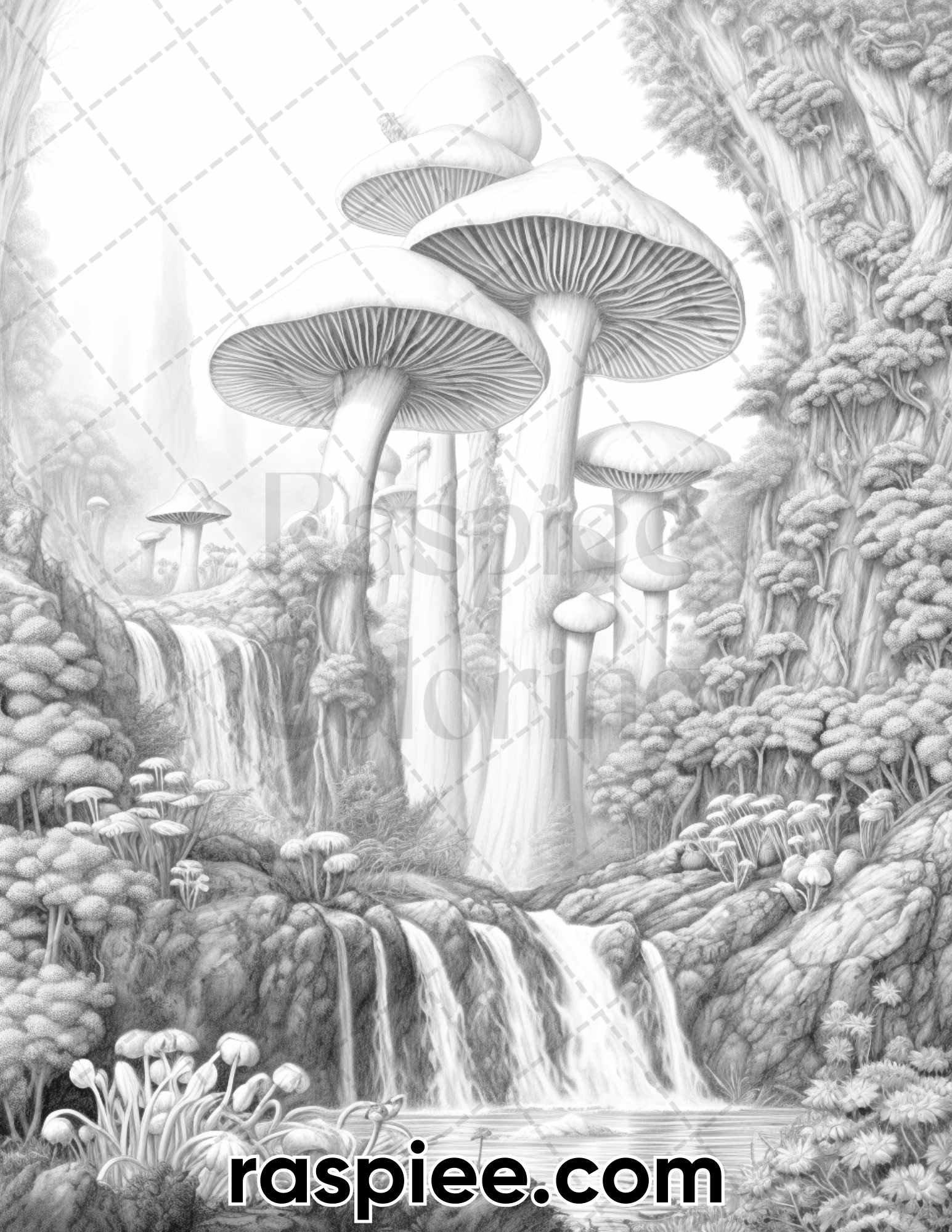 Fantasy mushroom island grayscale coloring pages for adults printa â coloring