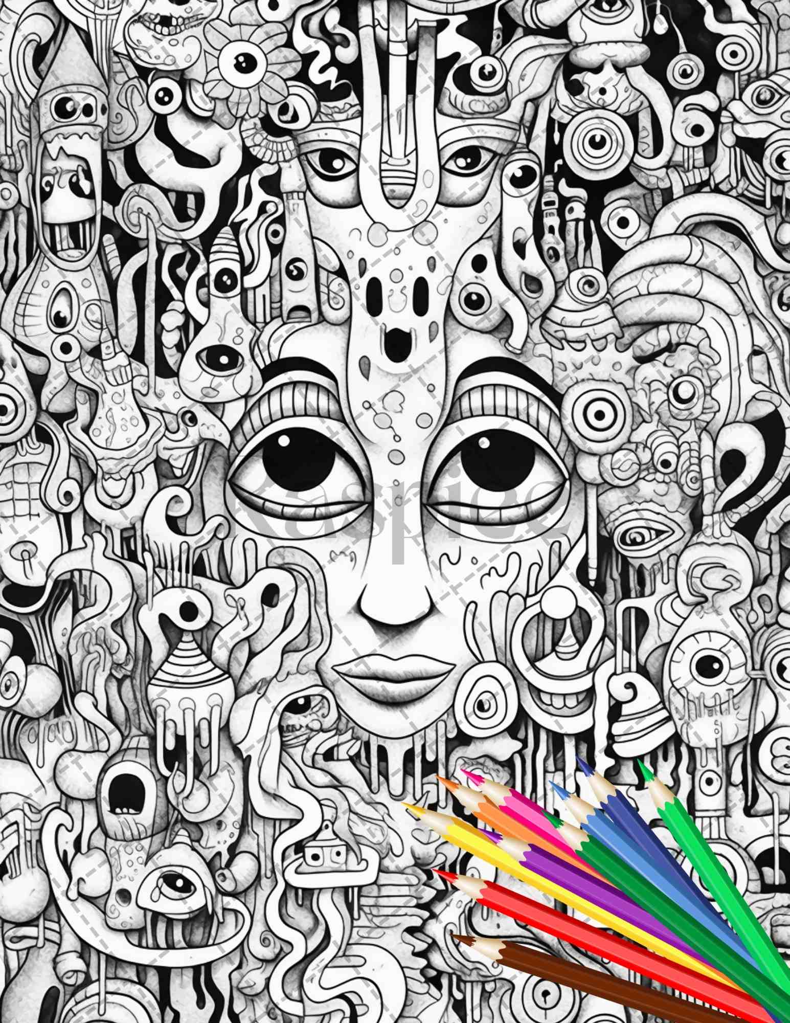 Psychedelic trippy coloring book printable for adults grayscale color â coloring
