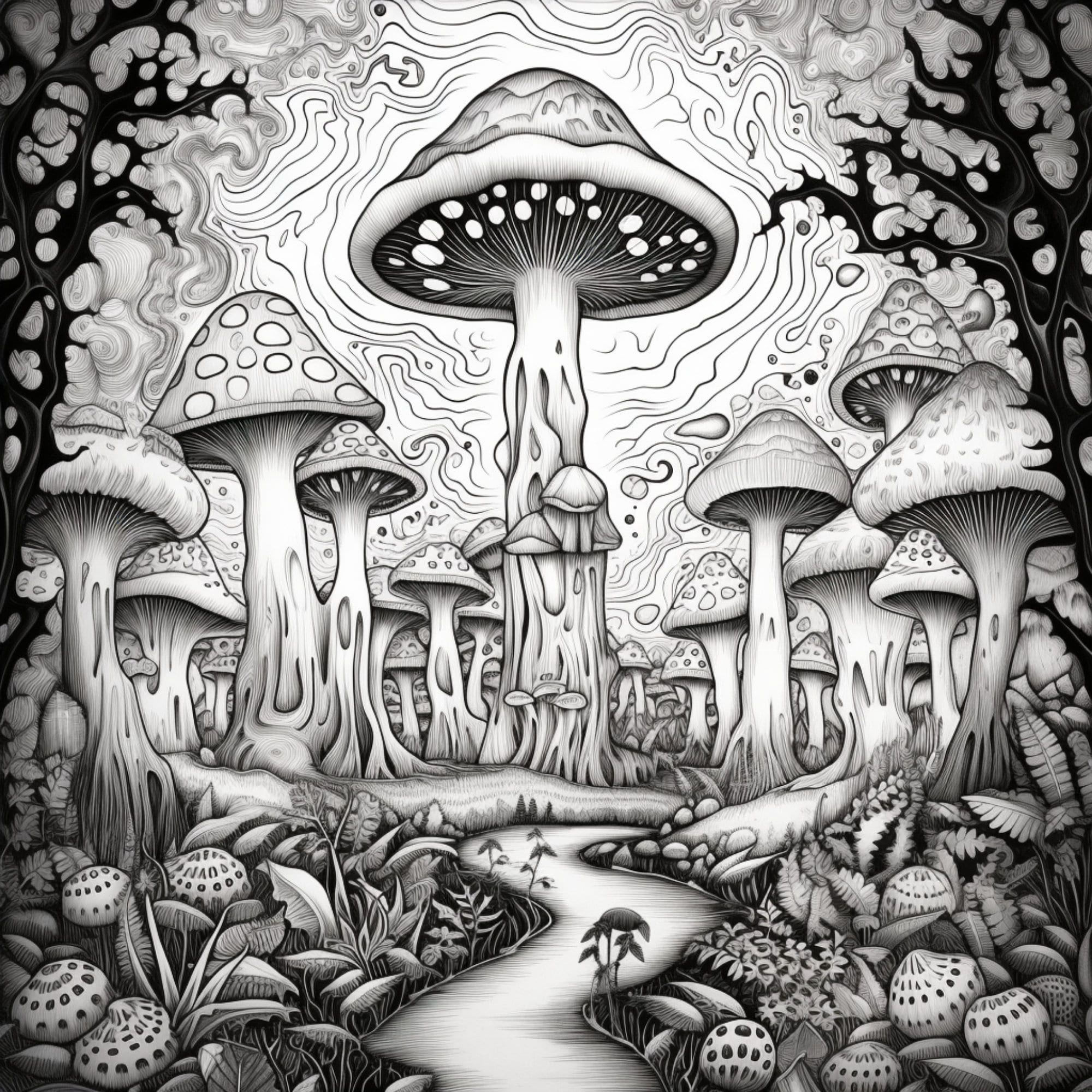 Trippy forest adult coloring pages