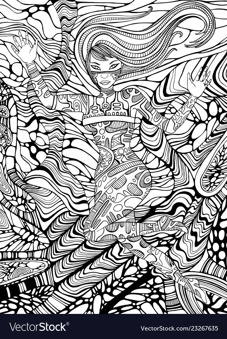Psychedelic cyberpunk girl adult coloring page vector image