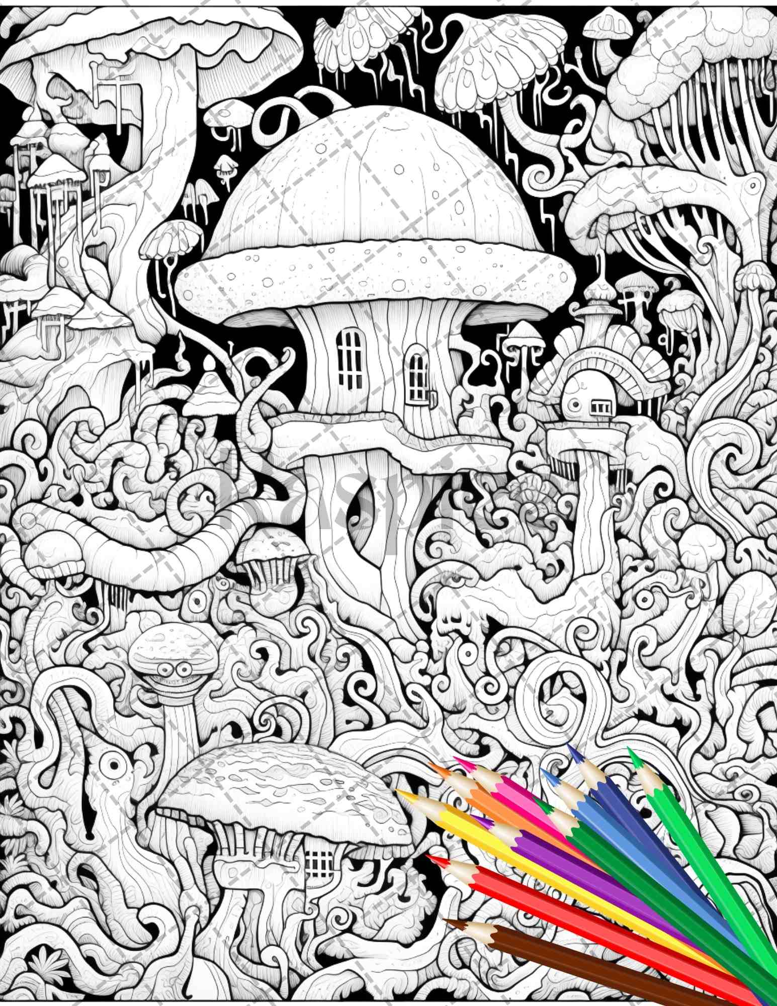 Psychedelic trippy coloring book printable for adults grayscale color â coloring