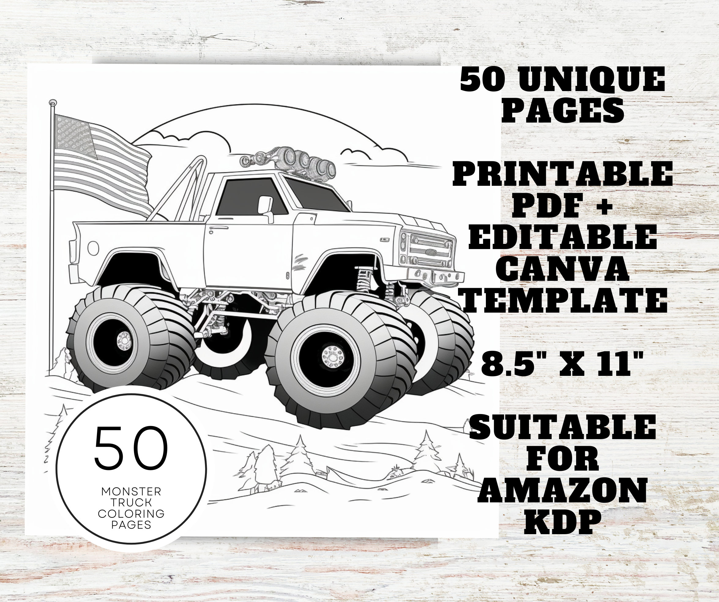 Kdp interior monster truck coloring pages x printable pdf canva template kids coloring kdp coloring book instant download
