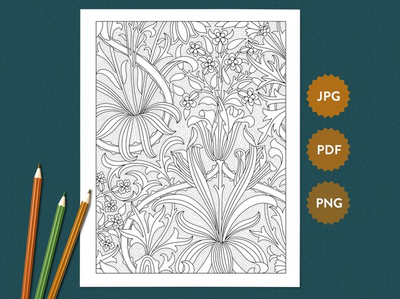 Tulip garden adult coloring page william morris detailed printable pdf art nouveau illustration digital download coloring book