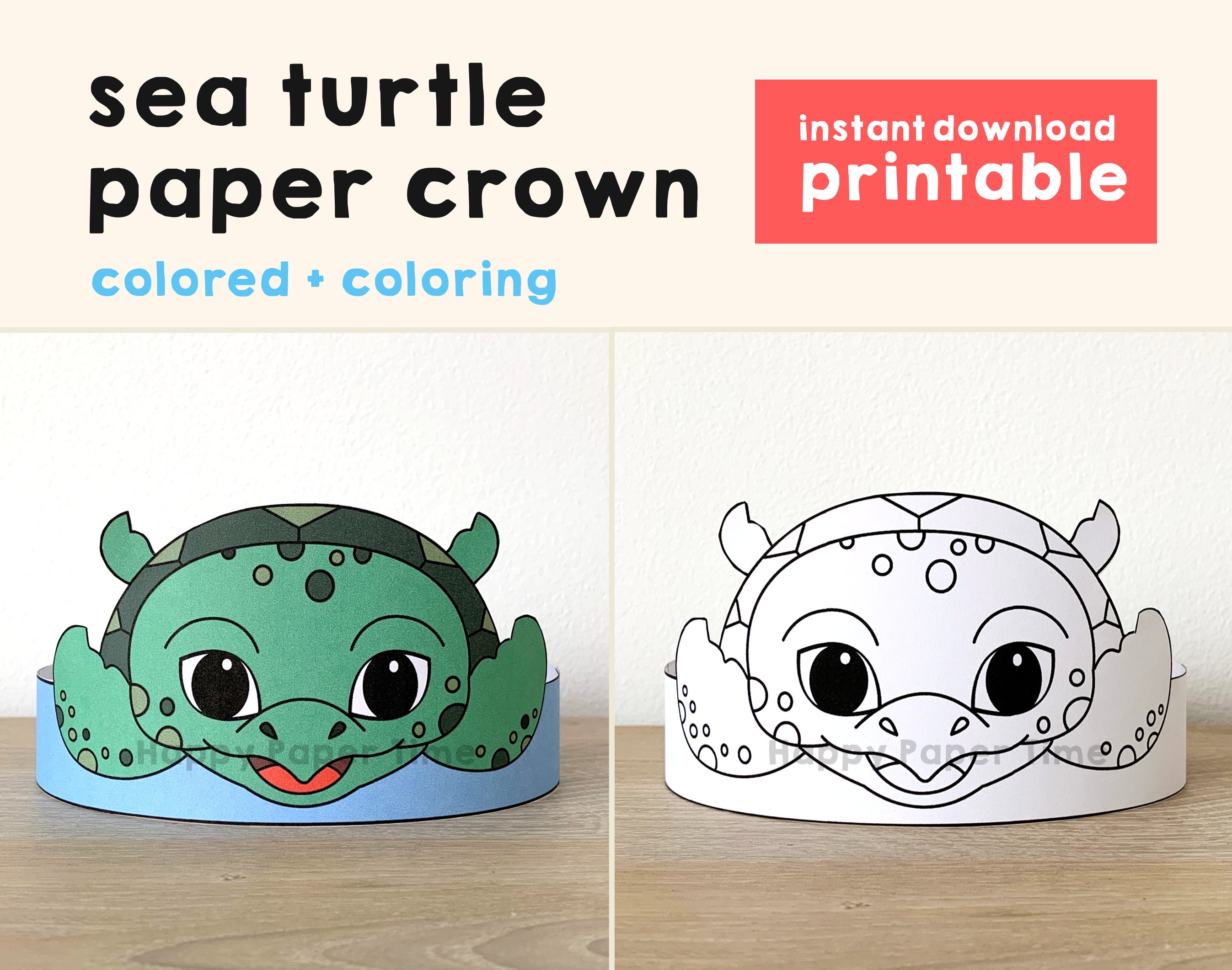 Sea turtle paper crown party coloring printable party hat kids craft ocean animal birthday template favor pdf costume diy instant download