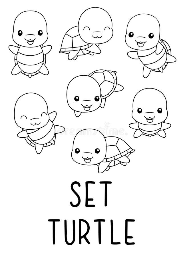 Coloring pages black and white set cute kawaii hand drawn turtle doodles stock vector