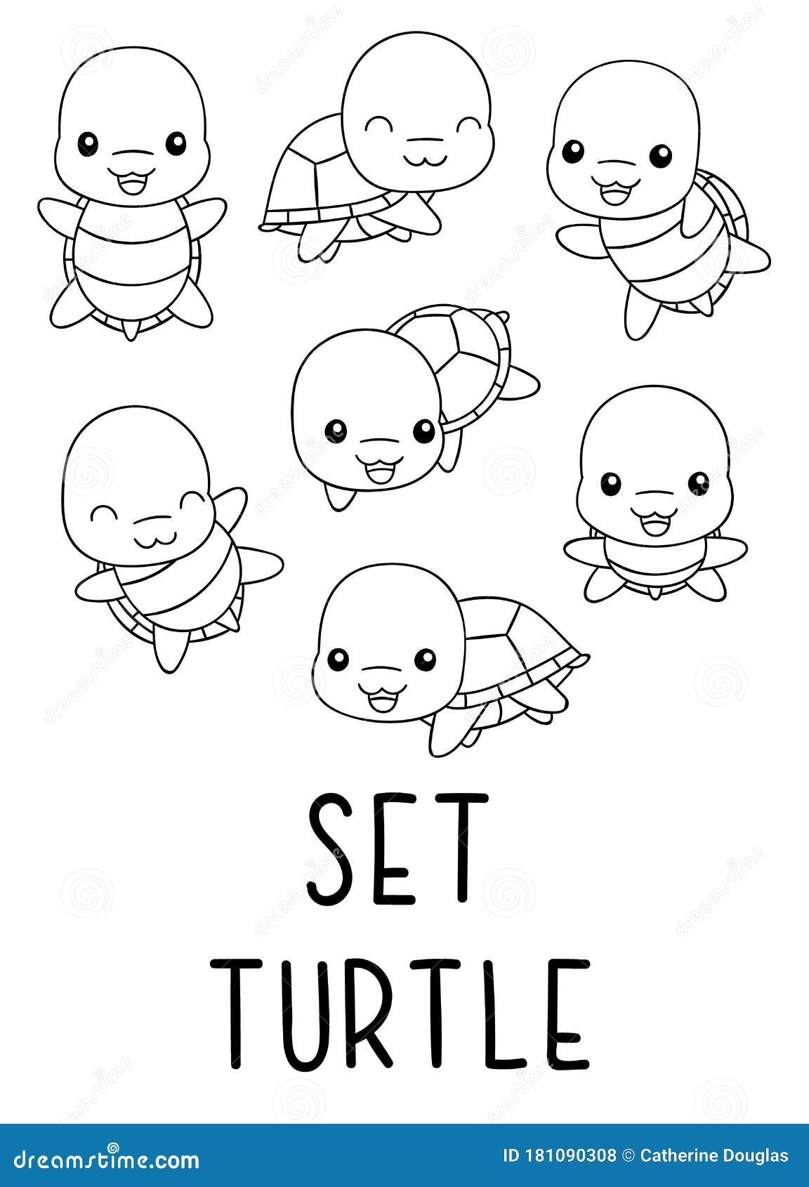 Coloring pages black and white set cute kawaii hand drawn turtle doodles stock vector