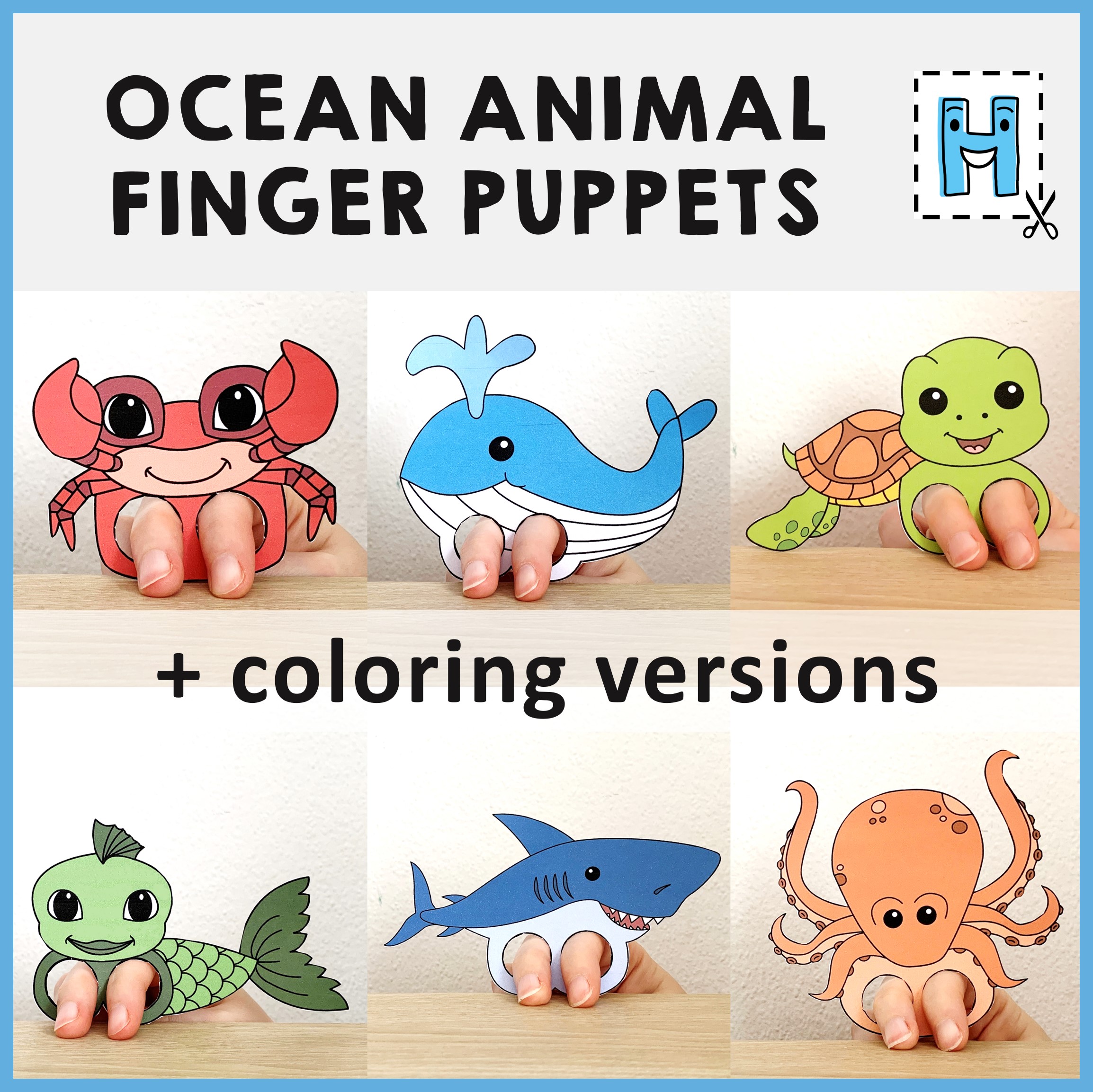 Ocean animals finger puppets sea summer printable coloring paper craft activity made by teachers