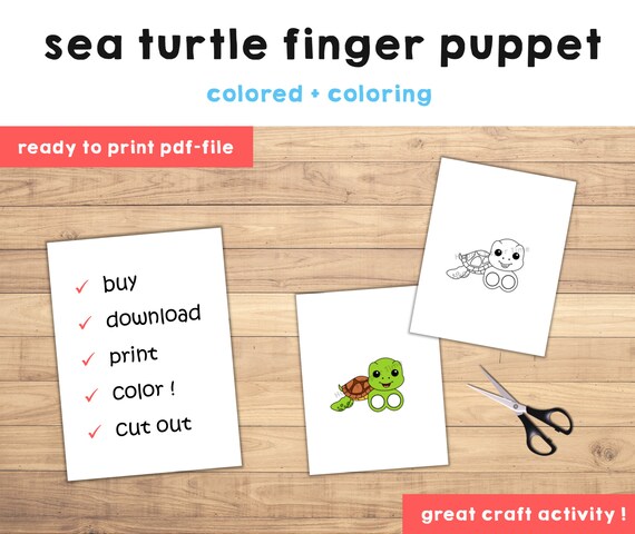 Sea turtle paper craft printable ocean sea beach animal finger puppet kids craft birthday party kids coloring puppet instant download
