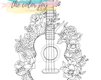 Floral ukulele printable coloring page