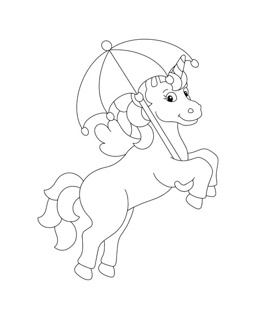 Premium vector unicorn with an umbrella coloring book page for kids cartoon style character