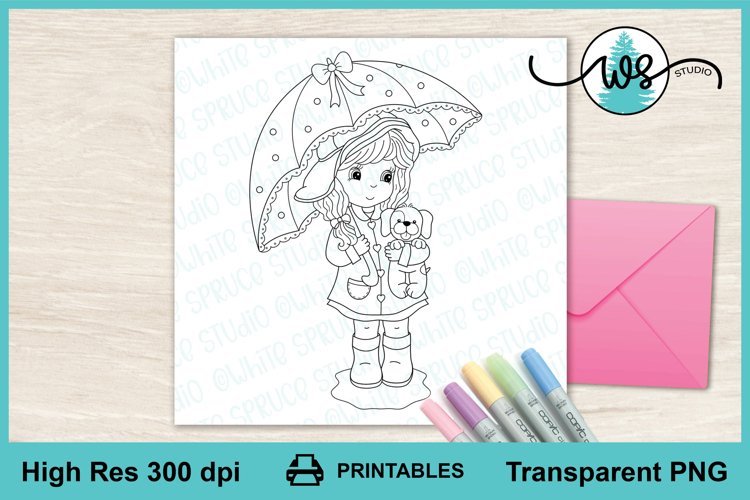 Digital stamp girl umbrella dog png cute girl line art png