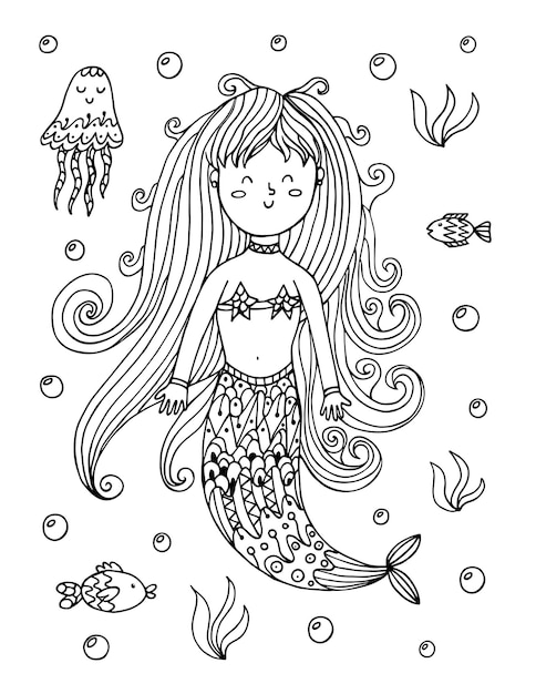 Premium vector cute mermaid hand drawn coloring page long hair sea girl print in us letter format black and white