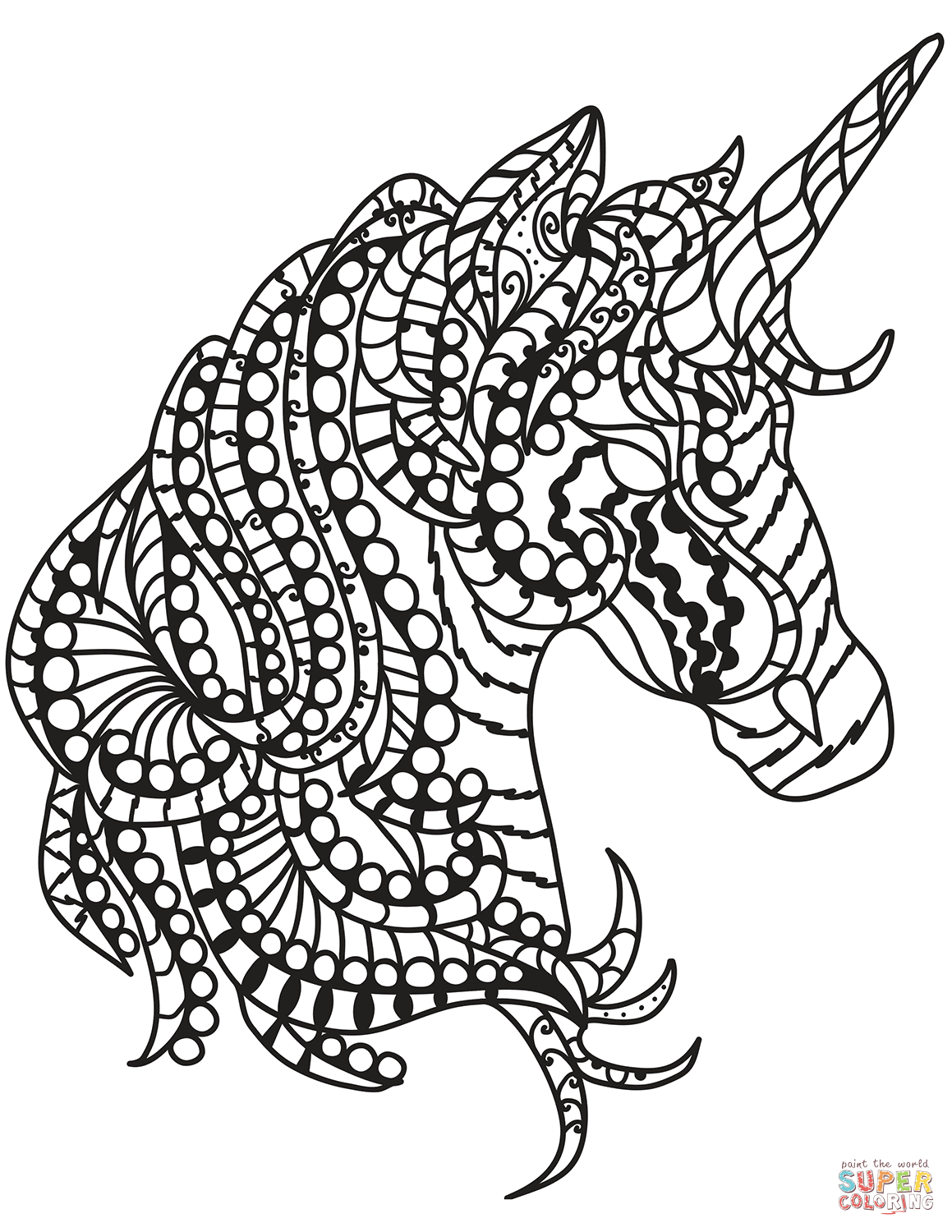 Unicorn head zentangle coloring page free printable coloring pages