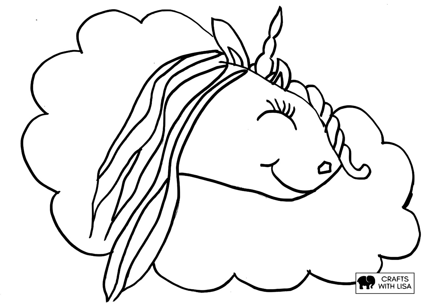 Unicorn head in cloud coloring page