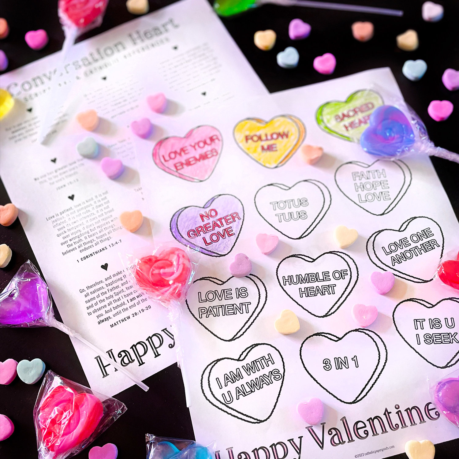 Catholic conversation hearts coloring page catholic valentines day printable coloring page digital pdf valentines day coloring page