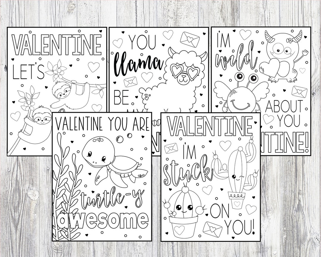 Printable valentines day coloring pages for kids or adults sloth cactus love monster llama sea turtle pages instant digital download