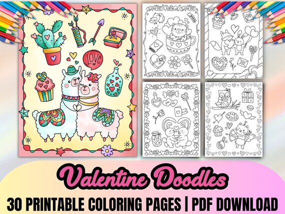 Cute doodles valentine instant download coloring pages pdf png files printable gifts books poster stamps stickers
