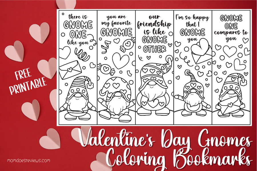 Valentines day gnomes printable coloring bookmarks