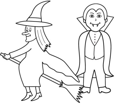 A witch on a broomstick and a vampire coloring page