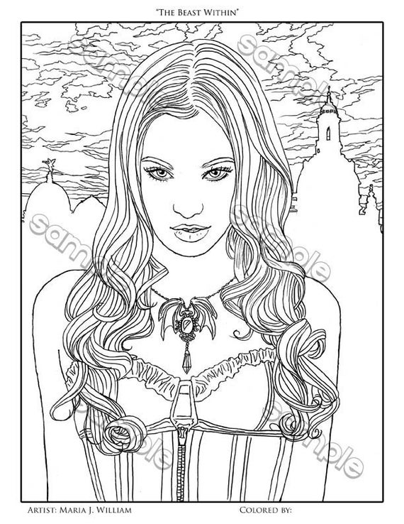 Beautiful vampire gothic fantasy portrait coloring page by maria j william instant pdf download download now