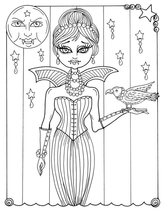 Pages vampire vixens to color instant download print and color coloring pages halloweendigitaldigicolor pageadult coloring