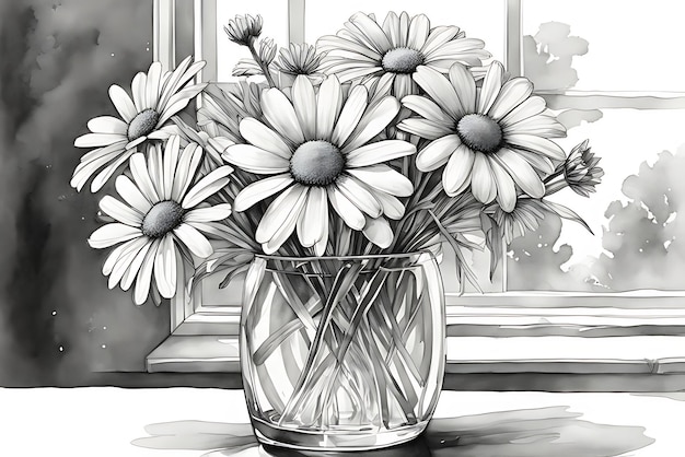 Premium ai image daisies in a vase coloring page coloring sketch black and white printable