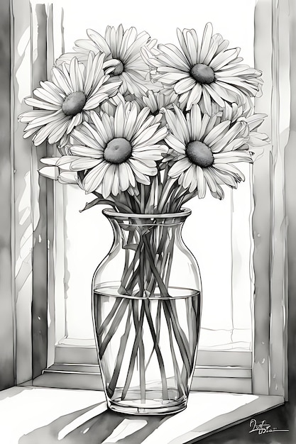 Premium ai image daisies in a vase coloring page coloring sketch black and white printable