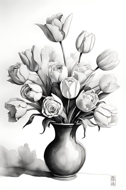 Premium ai image vase with roses and tulips coloring page printable sketch
