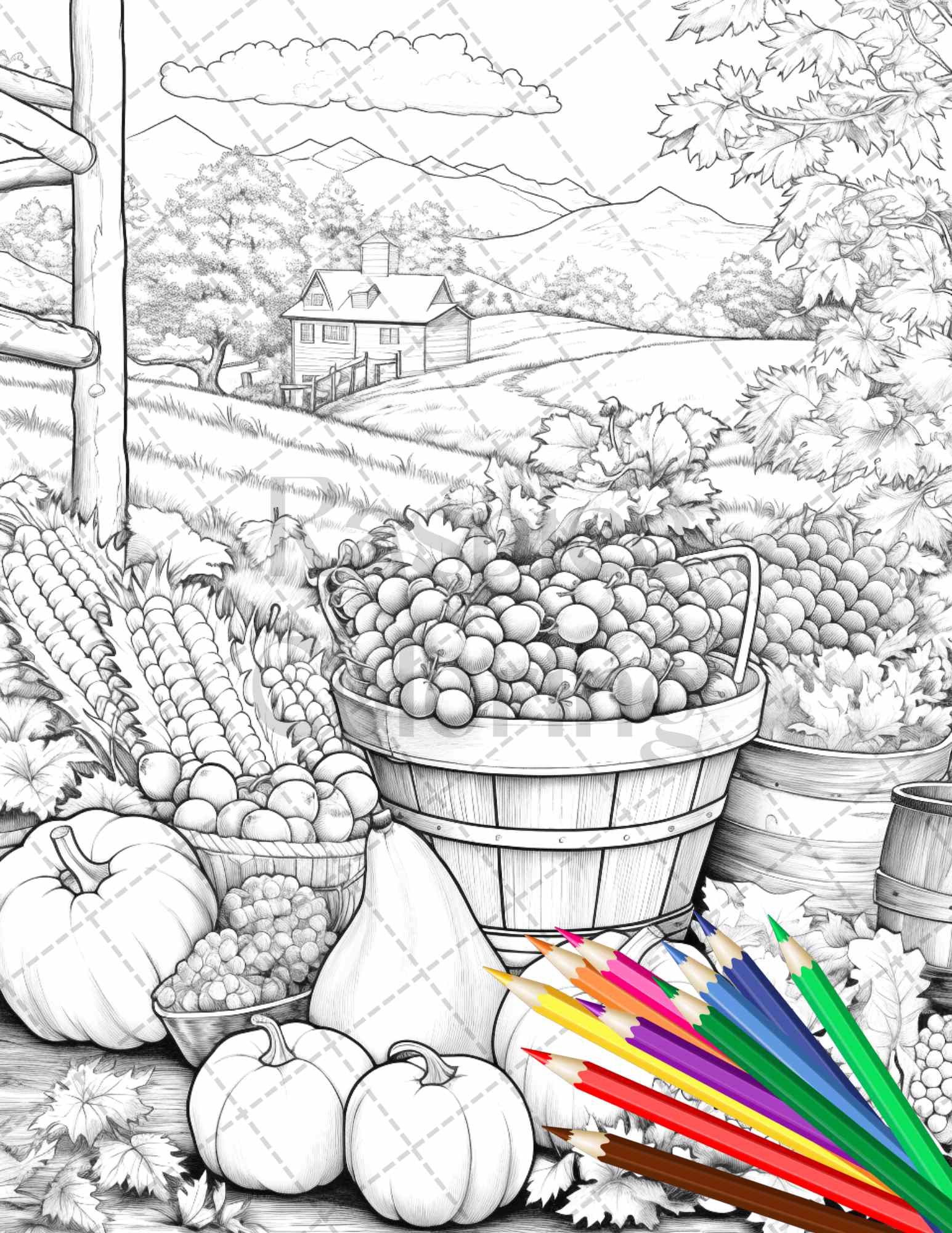 Autumn harvest grayscale coloring pages printable for adults relaxing â coloring