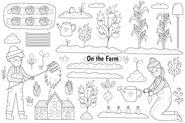 Premium vector black and white set with cute kids farmers working in the garden coloring page