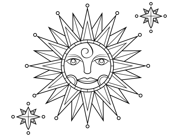 Printable victorian sun and stars coloring page