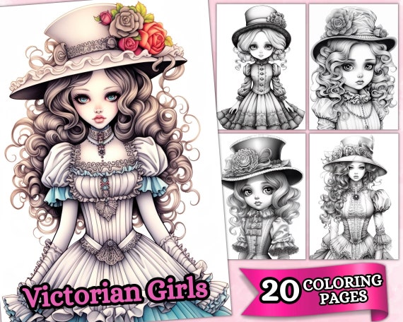Victorian girls coloring pages for adults grayscale coloring pages coloring book fantasy anime printable pdf digital download